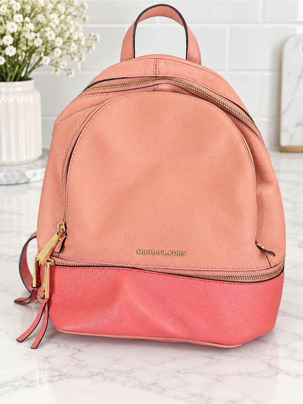 Michael Kors leather Rhea zip backpack salmon pink